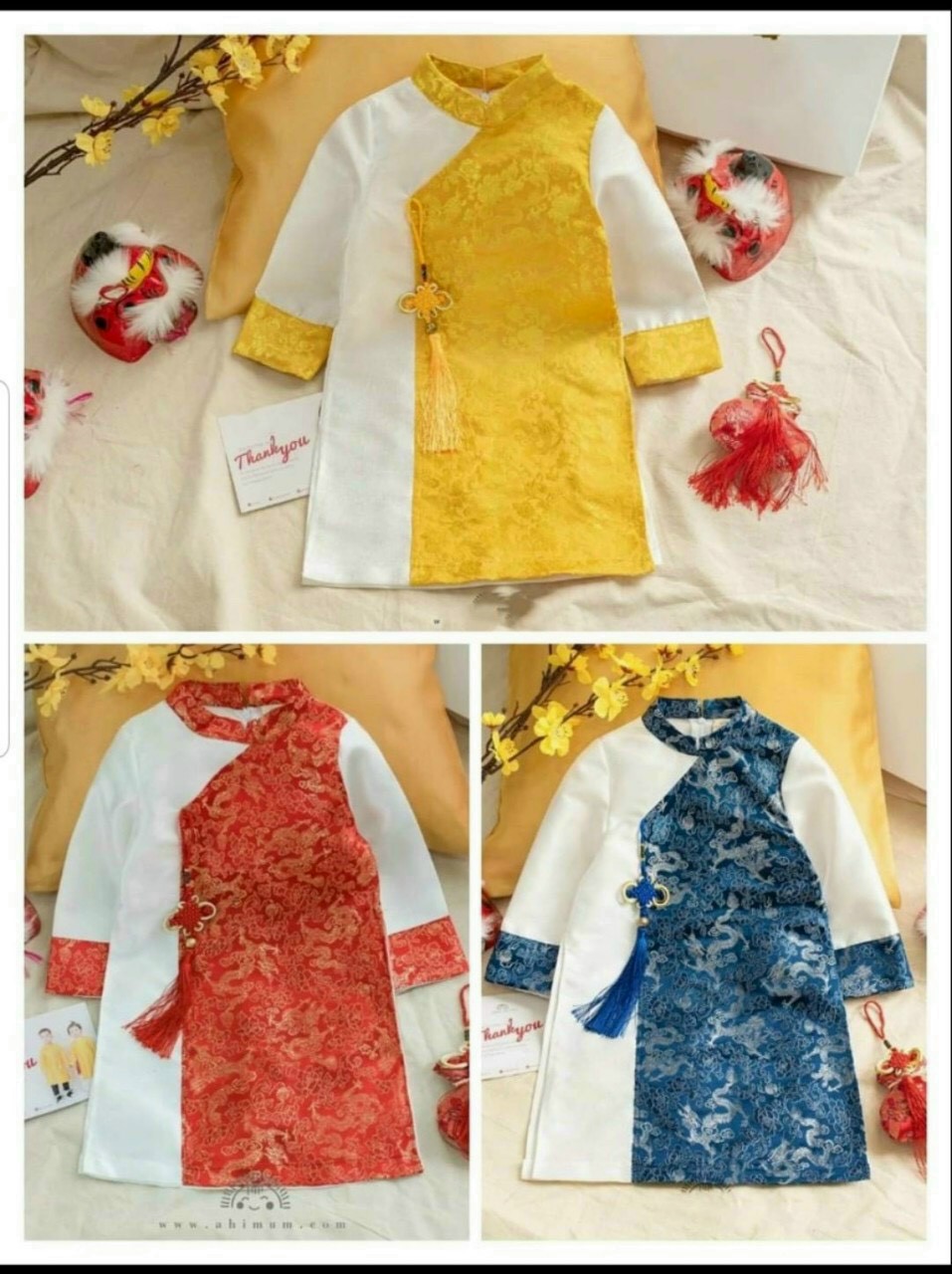Áo dài bé trai tuyết mưa phối gấm 3 màu đỏ, vàng, xanh