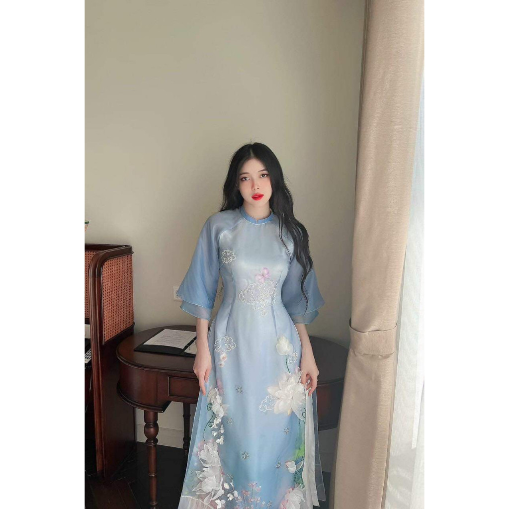 Áo dài nữ tơ ánh Sen xanh thêu hoa