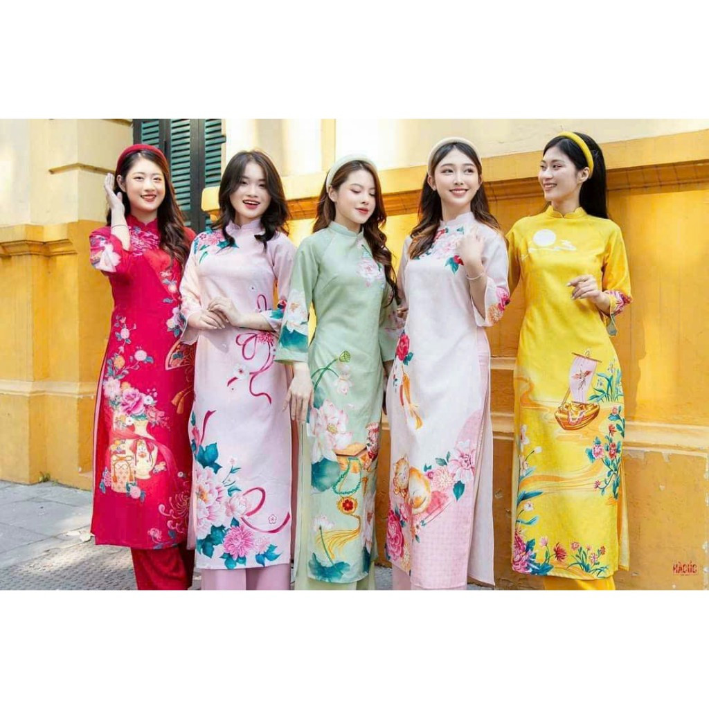 Áo dài nữ vải tơ ánh 4 tà các màu in họa tiết