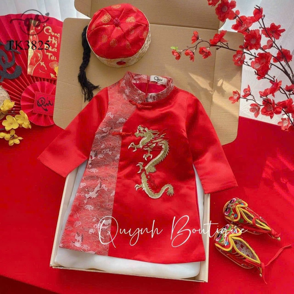 Áo dài bé trai phối gấm khuy tàu 3 màu đỏ, vàng , xanh