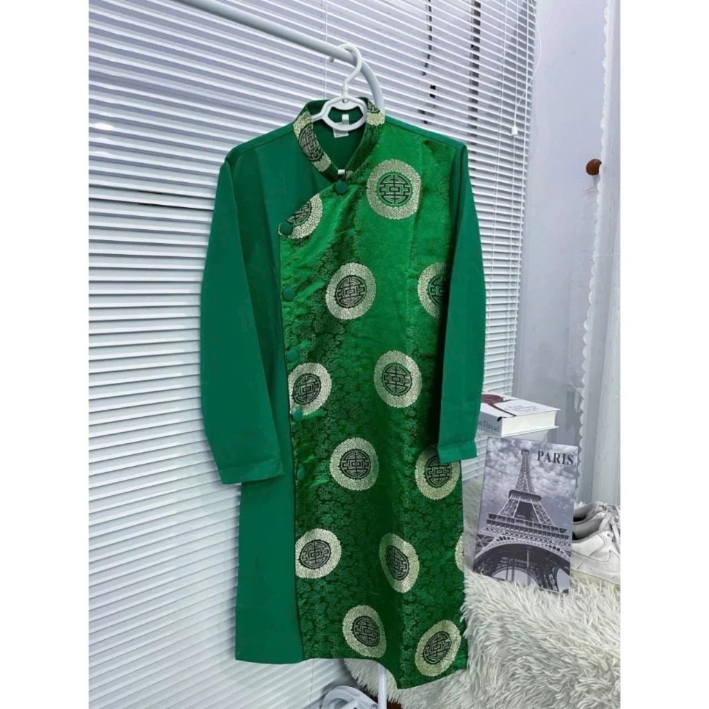 Áo dài cách tân nam gấm Thượng Hải phối tuyết mưa khuy trước (3)