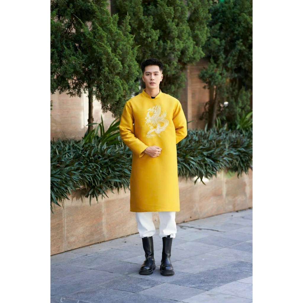 ÁO DÀI NAM MẪU PHƯỢNG VÀNG TUYẾT MƯA