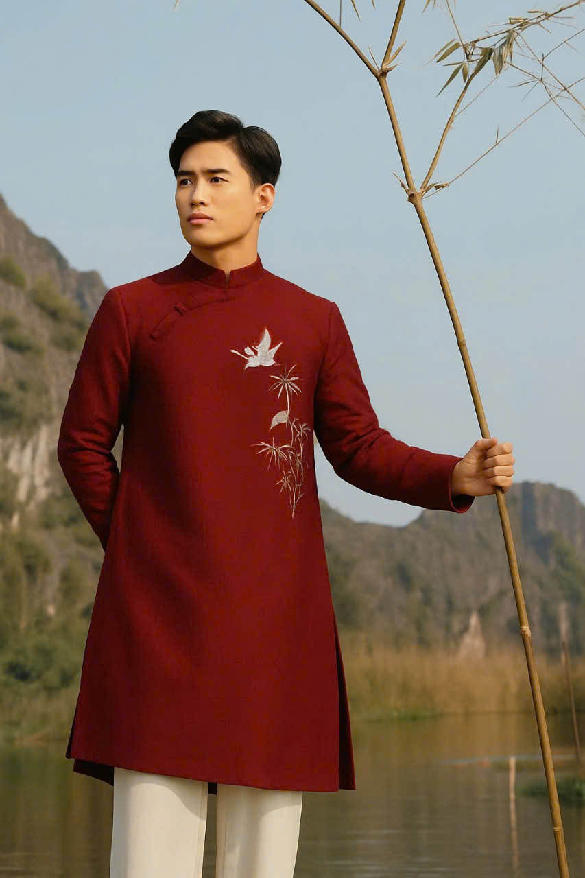 Áo dài nam trúc quân tử màu đỏ