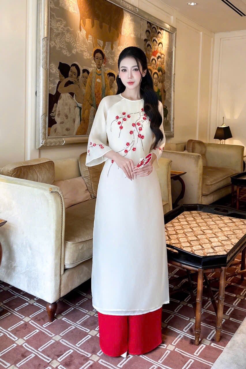 Áo dài nữ hoa đào đỏ