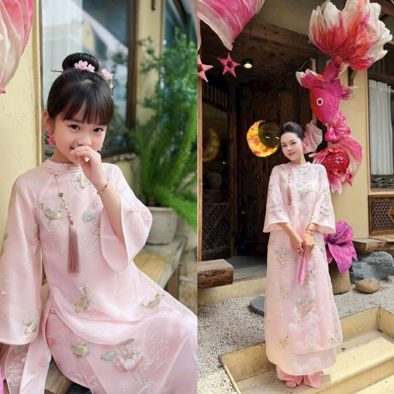 áo dài bé gái hoa sen