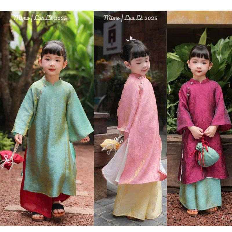 Áo dài bé gái tơ tencel ánh vàng