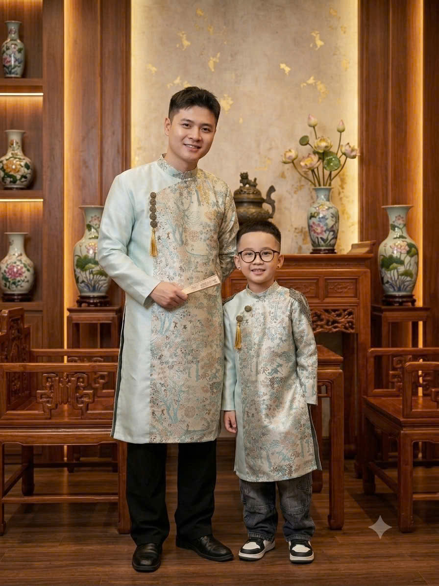 Áo dài bố và bé trai thủy mặc